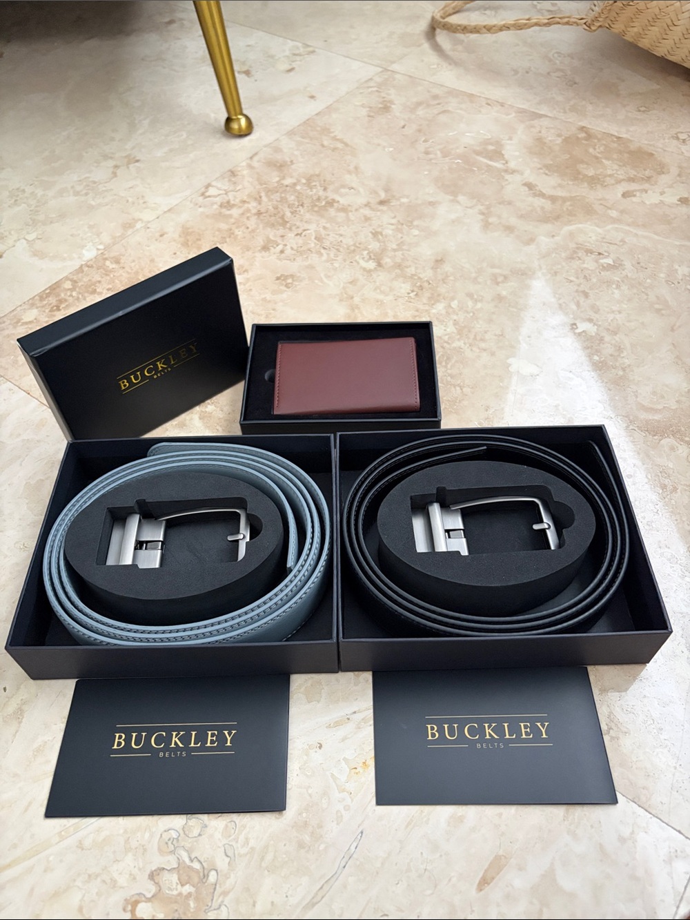 Buckley Black&Grey Leather Dress Belt-Silver-Tone Buckle with Brown Smart Wallet